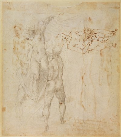 Männliche Gruppe und sitzende Figur mit Kind von Michelangelo Buonarroti